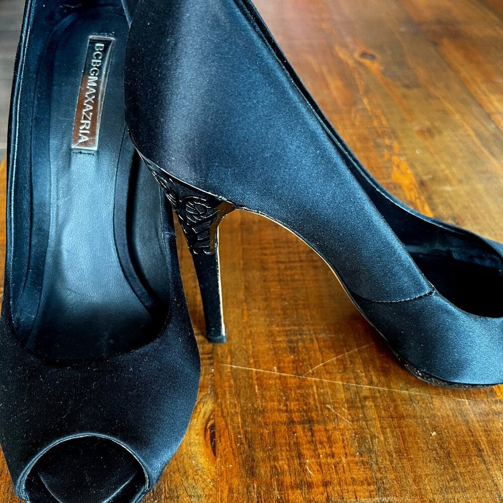 BCBG Black Satin shoes with Metal accent